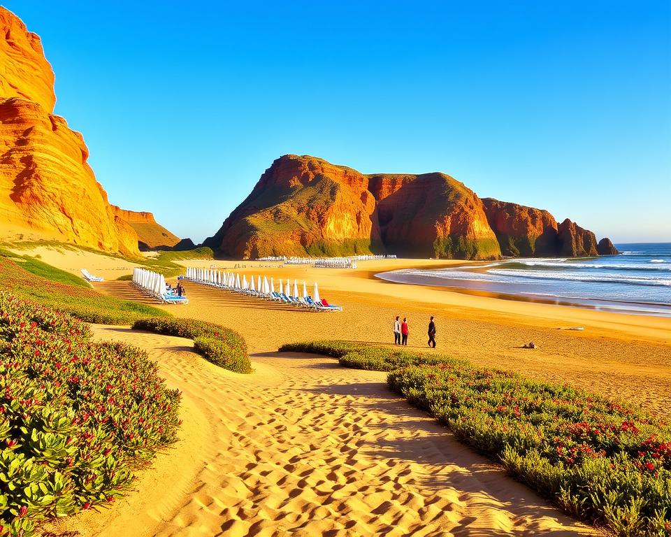 A beautiful view of Praia da Falesia, Portugal, showcasing the beach access area. In the foreground, a smooth sandy path lined with seasonal flora, leading toward the golden sandy beach. In the middle ground, a variety of colorful beach umbrellas and deck chairs arranged neatly, indicating services available for visitors. A few people wearing modest casual clothing relax in the chairs and stroll along the beach, enjoying the serene atmosphere. In the background, dramatic red and orange cliffs rise majestically against a clear blue sky, while gentle waves lap at the shore, basking in soft, warm sunlight. The overall mood is inviting and tranquil, perfect for a dream beach getaway.