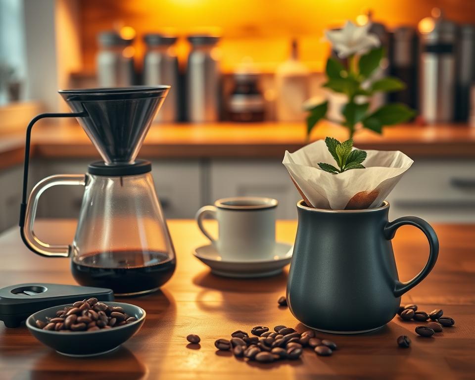 A beautifully arranged coffee preparation scene featuring Tobasee Sumatra coffee. In the foreground, showcase a traditional pour-over setup with rich, dark coffee dripping into a glass carafe. Include a precise coffee scale and freshly ground beans in a small dish. In the middle, capture the warm glow of a wooden table, adorned with an elegant ceramic mug and a sprig of fresh mint for garnish. In the background, gently blurred, place a rustic kitchen counter with soft, ambient lighting, highlighting coffee canisters and a flowering plant, creating an inviting atmosphere. Use a warm color palette to evoke a cozy feel. The scene should convey tranquility and mastery in coffee brewing, shot from a slightly elevated angle to emphasize the intricate details of the setup. A beautifully arranged coffee preparation scene featuring Tobasee Sumatra coffee. In the foreground, showcase a traditional pour-over setup with rich, dark coffee dripping into a glass carafe. Include a precise coffee scale and freshly ground beans in a small dish. In the middle, capture the warm glow of a wooden table, adorned with an elegant ceramic mug and a sprig of fresh mint for garnish. In the background, gently blurred, place a rustic kitchen counter with soft, ambient lighting, highlighting coffee canisters and a flowering plant, creating an inviting atmosphere. Use a warm color palette to evoke a cozy feel. The scene should convey tranquility and mastery in coffee brewing, shot from a slightly elevated angle to emphasize the intricate details of the setup.
