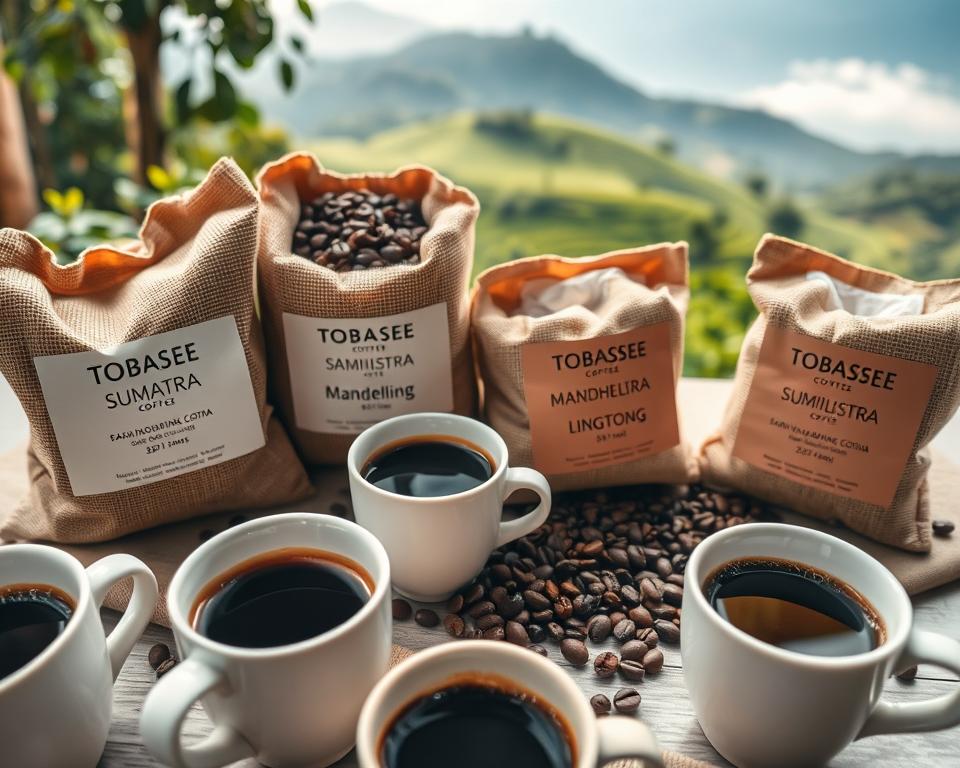 A beautifully arranged coffee tasting scene showcasing Tobasee Sumatra coffee beans alongside other Indonesian coffee varieties, such as Mandheling and Lingtong. In the foreground, focus on a selection of coffee cups with rich, dark brews, highlighted by a warm, inviting light. The middle layer features burlap sacks of freshly roasted beans, with labels indicating their origins. In the background, create a soft-focus image of a lush Sumatra landscape, with vibrant green coffee plantations and misty mountains. Use natural lighting to evoke a serene atmosphere, and employ a shallow depth of field to emphasize the coffee in the foreground, creating a sense of warmth and authenticity in this Indonesian coffee comparison. A beautifully arranged coffee tasting scene showcasing Tobasee Sumatra coffee beans alongside other Indonesian coffee varieties, such as Mandheling and Lingtong. In the foreground, focus on a selection of coffee cups with rich, dark brews, highlighted by a warm, inviting light. The middle layer features burlap sacks of freshly roasted beans, with labels indicating their origins. In the background, create a soft-focus image of a lush Sumatra landscape, with vibrant green coffee plantations and misty mountains. Use natural lighting to evoke a serene atmosphere, and employ a shallow depth of field to emphasize the coffee in the foreground, creating a sense of warmth and authenticity in this Indonesian coffee comparison.