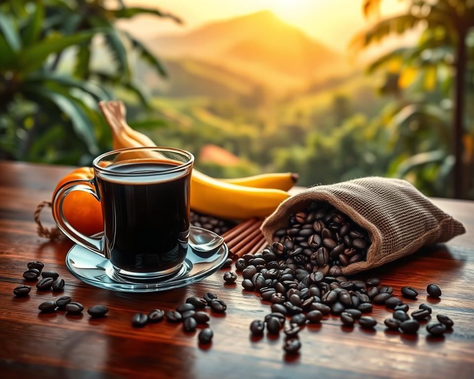 A beautifully arranged composition showcasing the flavor profile of Tobasee Sumatra coffee. In the foreground, a steaming cup of dark, rich coffee sits elegantly on a mahogany table, surrounded by various coffee tasting notes. Include vibrant elements like tropical fruits such as oranges and bananas, alongside dark chocolate and spices, highlighting the unique flavors. In the middle ground, a small burlap sack of whole coffee beans spills onto the table, while a traditional Sumatran landscape is depicted in the background, featuring lush green hills and dense, tropical foliage under soft, golden sunlight. The atmosphere feels warm and inviting, evoking a sense of comfort and exploration. Use natural lighting to enhance the textures of the coffee and ingredients, with a slight focus on a blurred background for depth. A beautifully arranged composition showcasing the flavor profile of Tobasee Sumatra coffee. In the foreground, a steaming cup of dark, rich coffee sits elegantly on a mahogany table, surrounded by various coffee tasting notes. Include vibrant elements like tropical fruits such as oranges and bananas, alongside dark chocolate and spices, highlighting the unique flavors. In the middle ground, a small burlap sack of whole coffee beans spills onto the table, while a traditional Sumatran landscape is depicted in the background, featuring lush green hills and dense, tropical foliage under soft, golden sunlight. The atmosphere feels warm and inviting, evoking a sense of comfort and exploration. Use natural lighting to enhance the textures of the coffee and ingredients, with a slight focus on a blurred background for depth.