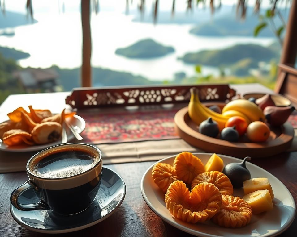 A beautifully arranged dining table set against the serene backdrop of Lake Toba in Sumatra, Indonesia. In the foreground, a selection of culinary pairings for Tobasee Sumatra coffee: a steaming cup of rich, dark coffee with a frothy crema, accompanied by local pastries, including kripik (crispy snacks) and a vibrant fruit plate featuring tropical fruits like mangosteen, rambutan, and banana. The middle layer showcases a traditional Indonesian tablecloth and a rustic wooden serving tray with ornate carvings. In the background, soft morning light illuminates lush green hills and the tranquil lake, creating a warm and inviting atmosphere. The scene has a natural, rustic feel, evoking a sense of connection to the local culture and flavors. The composition captures the essence of indulgence and celebration of food and coffee. A beautifully arranged dining table set against the serene backdrop of Lake Toba in Sumatra, Indonesia. In the foreground, a selection of culinary pairings for Tobasee Sumatra coffee: a steaming cup of rich, dark coffee with a frothy crema, accompanied by local pastries, including kripik (crispy snacks) and a vibrant fruit plate featuring tropical fruits like mangosteen, rambutan, and banana. The middle layer showcases a traditional Indonesian tablecloth and a rustic wooden serving tray with ornate carvings. In the background, soft morning light illuminates lush green hills and the tranquil lake, creating a warm and inviting atmosphere. The scene has a natural, rustic feel, evoking a sense of connection to the local culture and flavors. The composition captures the essence of indulgence and celebration of food and coffee.
