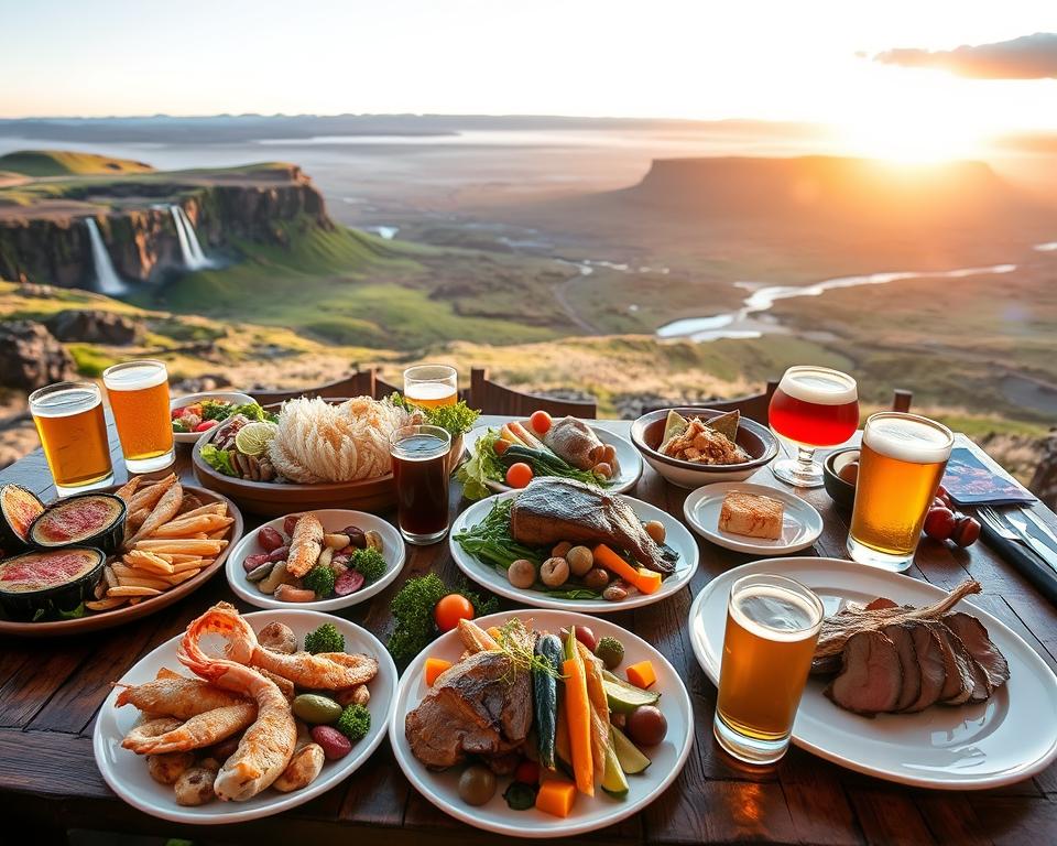A beautifully arranged display of exquisite food and drink, featuring traditional Icelandic dishes and craft beverages. In the foreground, a rustic wooden table is adorned with vibrant plates of freshly caught seafood, succulent lamb, and colorful local vegetables, alongside glasses of beer and mead. In the middle, a scenic view of the lush Icelandic landscape, with rolling hills and distant waterfalls, enhancing the culinary experience. The background showcases dramatic basalt cliffs and a soft sunset casting a warm golden glow over the scene, creating an inviting atmosphere. The image captures a sense of exploration and indulgence, inviting viewers to savor the flavors of the Golden Circle. The overall ambiance is lively yet relaxed, perfectly reflecting a shared dining experience in Iceland’s natural beauty.