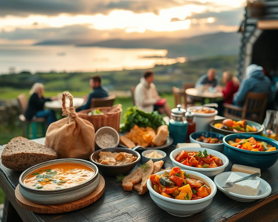 A beautifully arranged display of traditional Irish cuisine in Connemara, featuring an array of vibrant dishes. In the foreground, a rustic wooden table adorned with a colorful spread of seafood chowder, freshly baked brown soda bread, and a vibrant vegetable stew. Adding cultural flair, small bowls of Irish butter and local cheeses provide texture. In the middle ground, softly blurred artisanal markets and locals enjoying meals foster a sense of community. In the background, the stunning Irish landscape of Connemara's rolling green hills and rugged coastlines, under a soft, golden sunset that casts warm light on the scene. The atmosphere is inviting, warm, and cozy, capturing the culinary essence of this beautiful region.