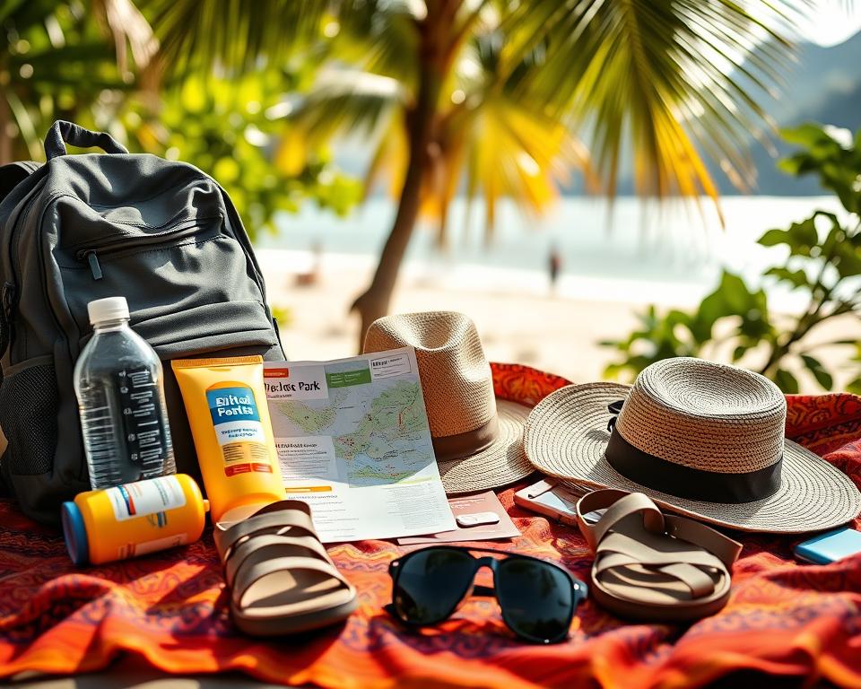 A beautifully arranged flat lay of essential items for visiting Tayrona National Park. In the foreground, place a compact backpack, water bottle, sunscreen, lightweight hiking sandals, a map of the park, and a packed lunch in eco-friendly containers. In the middle ground, include a hat and a pair of sunglasses, artfully placed on a vibrant, patterned sarong. In the background, softly blurred tropical foliage and a glimpse of the beach and mountains create a serene atmosphere. The lighting should be bright and natural, suggesting a sunny day in the park, with a focus on warm tones to evoke a sense of adventure. The overall mood is inviting, encouraging outdoor exploration.