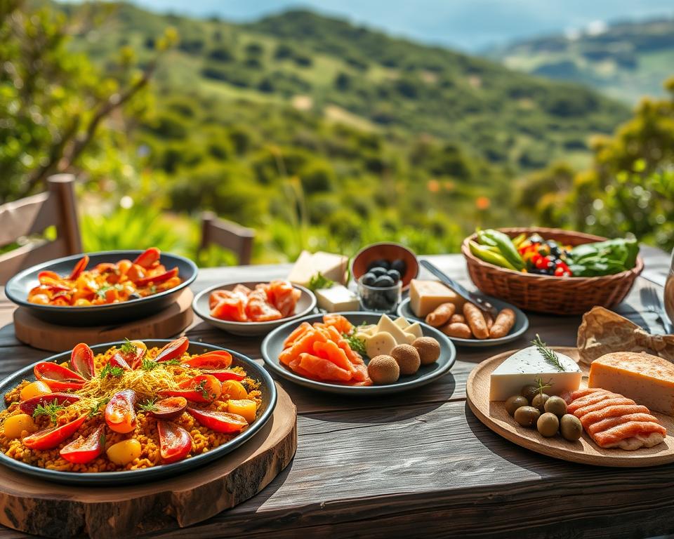 A beautifully arranged table featuring an array of culinary specialties from the Pico Europa Nationalpark in Spain. In the foreground, a rustic wooden table is laden with vibrant dishes: a paella brimming with seafood and saffron, slices of jamón ibérico, and fresh, colorful vegetable salads. The middle ground showcases a charming presentation of local cheeses and olives, elegantly garnished with herbs. In the background, the lush greenery of the national park subtly fades into a sunlit sky, creating a warm and inviting atmosphere. Soft, natural light highlights the textures of the food while casting gentle shadows, evoking a feeling of tranquility and appreciation for local cuisine. The image captures the essence of regional flavors and the beauty of the landscape.