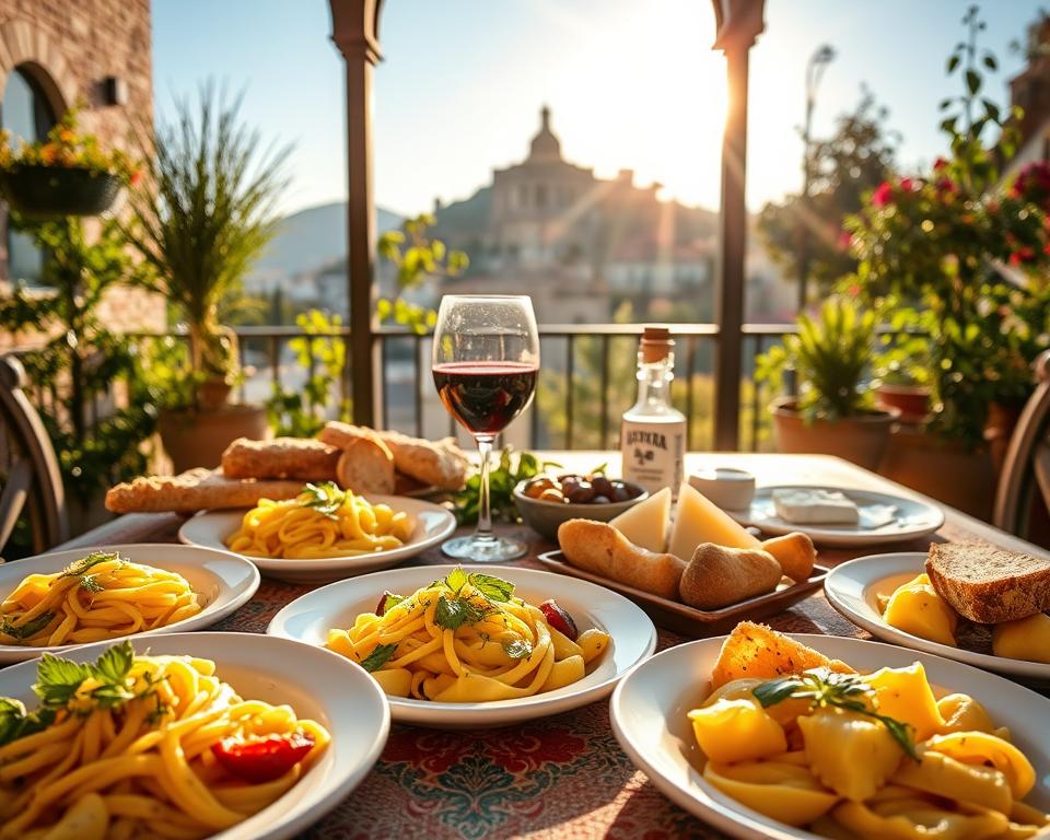 A beautifully arranged table set in a charming outdoor patio in San Marino, showcasing traditional Sammarinese cuisine. In the foreground, a colorful spread features plates of handmade pasta, such as strozzapreti and tortellini, garnished with fresh herbs. Nearby, rustic bread, olives, and slices of local cheese create a delightful contrast. In the middle ground, a glass of local Sangiovese wine catches the sunlight, enhancing the inviting atmosphere. The background reveals the silhouette of San Marino's iconic Guaita, framed by lush greenery and a clear blue sky, creating a picturesque scene. Warm, golden hour lighting bathes the scene, evoking a sense of tranquility and culinary delight, inviting viewers to explore the rich flavors of San Marino. The image captures the essence of San Marino’s vibrant food culture, emphasizing freshness and tradition.