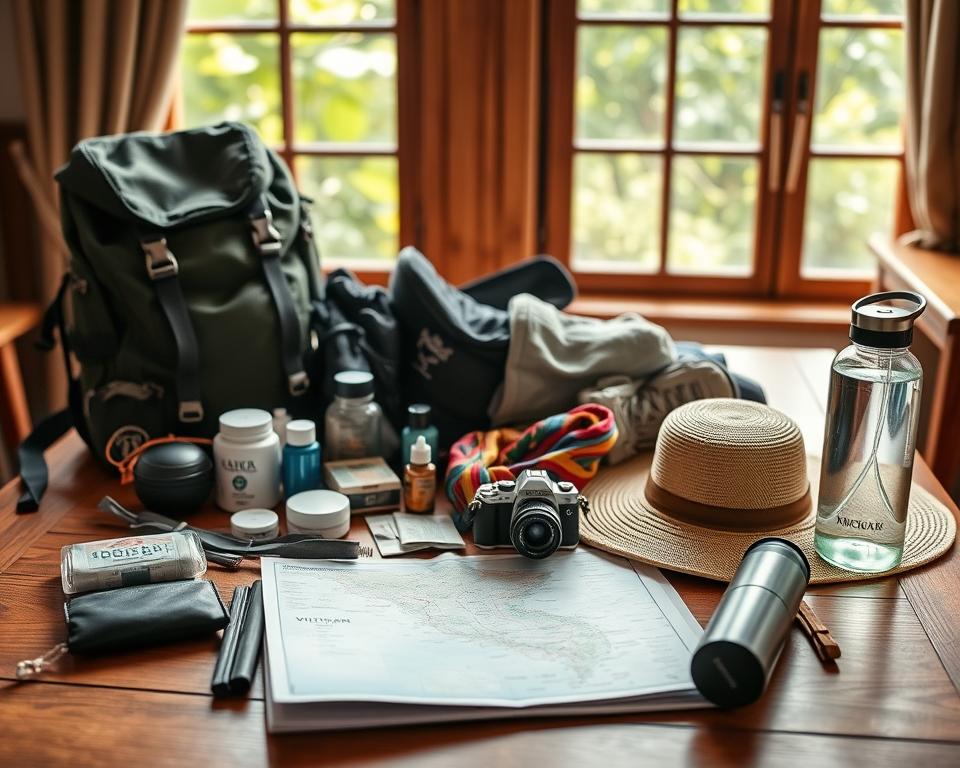 A beautifully arranged travel packing list laid out on a wooden table, featuring essential items for a trip to Northern Vietnam. In the foreground, neatly organized travel gear like a durable backpack, a pair of hiking boots, a compact first aid kit, travel-sized toiletries, a camera, and a detailed map of Northern Vietnam. In the middle ground, a vibrant silk scarf and a sun hat hint at local culture, while a reusable water bottle reflects a sustainable travel ethos. The cozy background shows a warm, sunlit window with lush greenery outside, creating an inviting atmosphere. The lighting is soft and natural, enhancing the rich colors and textures of the items. The perspective is slightly elevated, capturing the essence of adventure and preparation for an unforgettable journey.