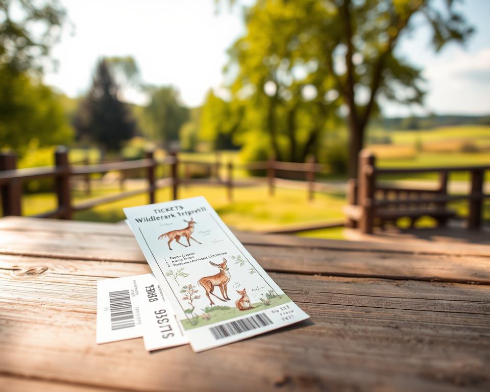 A beautifully designed pair of tickets for the Wildtierpark Tripsdrill, prominently displayed in the foreground on a rustic wooden table. The tickets should have intricate illustrations of local wildlife like deer and foxes, capturing the essence of nature. In the middle ground, lush green trees and vibrant landscapes of the park are visible, inviting visitors to immerse themselves in the natural beauty. The background features a soft, sunlit sky, enhancing the sense of a bright, cheerful day meant for exploration. Natural lighting should create warm, inviting shadows, making the scene feel welcoming and accessible. The overall mood should evoke excitement and anticipation for a day filled with wildlife experiences, encouraging families and nature lovers to plan their visit. A beautifully designed pair of tickets for the Wildtierpark Tripsdrill, prominently displayed in the foreground on a rustic wooden table. The tickets should have intricate illustrations of local wildlife like deer and foxes, capturing the essence of nature. In the middle ground, lush green trees and vibrant landscapes of the park are visible, inviting visitors to immerse themselves in the natural beauty. The background features a soft, sunlit sky, enhancing the sense of a bright, cheerful day meant for exploration. Natural lighting should create warm, inviting shadows, making the scene feel welcoming and accessible. The overall mood should evoke excitement and anticipation for a day filled with wildlife experiences, encouraging families and nature lovers to plan their visit.