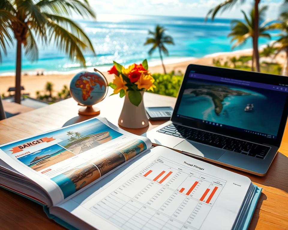 A beautifully designed travel budget planning scene set in Sanya, China. In the foreground, a well-organized travel planner open to a page marked with budget estimates, alongside a laptop displaying vibrant images of Sanya's beaches and attractions. In the middle ground, a sunlit table with tropical flowers, a globe, and a calculator, implying thoughtful organization for a vacation. In the background, a panoramic view of Sanya's stunning coastline, featuring turquoise waters, golden sands, and palm trees swaying gently in the breeze, capturing a tropical vibe. The lighting is bright and inviting, with sunlight casting soft shadows. The atmosphere is one of relaxation and anticipation, ideal for budget-conscious travelers planning their getaway.