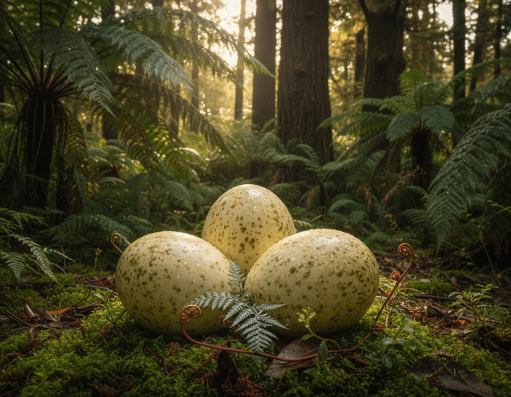 A beautifully detailed depiction of "moa eier" (moa eggs) nestled in a lush, green New Zealand forest setting. In the foreground, focus on a cluster of large, speckled eggs, their surface slightly glistening as if touched by morning dew. The middle ground features ferns and native flora, creating a vibrant, living environment. In the background, hint at the silhouettes of ancient giant ferns and trees that once sheltered these majestic birds. Soft, diffused sunlight filters through the foliage, casting gentle shadows and illuminating the eggs in a warm, inviting light. The atmosphere is tranquil and reminiscent of prehistoric times, evoking a sense of wonder about the moa's presence in New Zealand’s history.