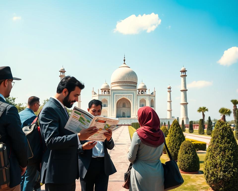 A beautifully detailed scene of the Taj Mahal in Agra, India, depicted on a sunny day. In the foreground, a diverse group of travelers, dressed in professional business attire and modest casual clothing, eagerly consults a detailed travel guide and smartphone map, looking excited about their upcoming visit. In the middle ground, the iconic white marble dome and minarets of the Taj Mahal gleam under bright sunlight, surrounded by lush green gardens and carefully manicured hedges. In the background, clear blue skies with a few fluffy clouds add a serene ambiance. The overall atmosphere should convey anticipation and joy, highlighting the magnificent architecture of the Taj Mahal as a centerpiece of cultural heritage. The image should be captured with a wide-angle lens, emphasizing the grandeur of the monument while showcasing the preparations for an unforgettable visit.