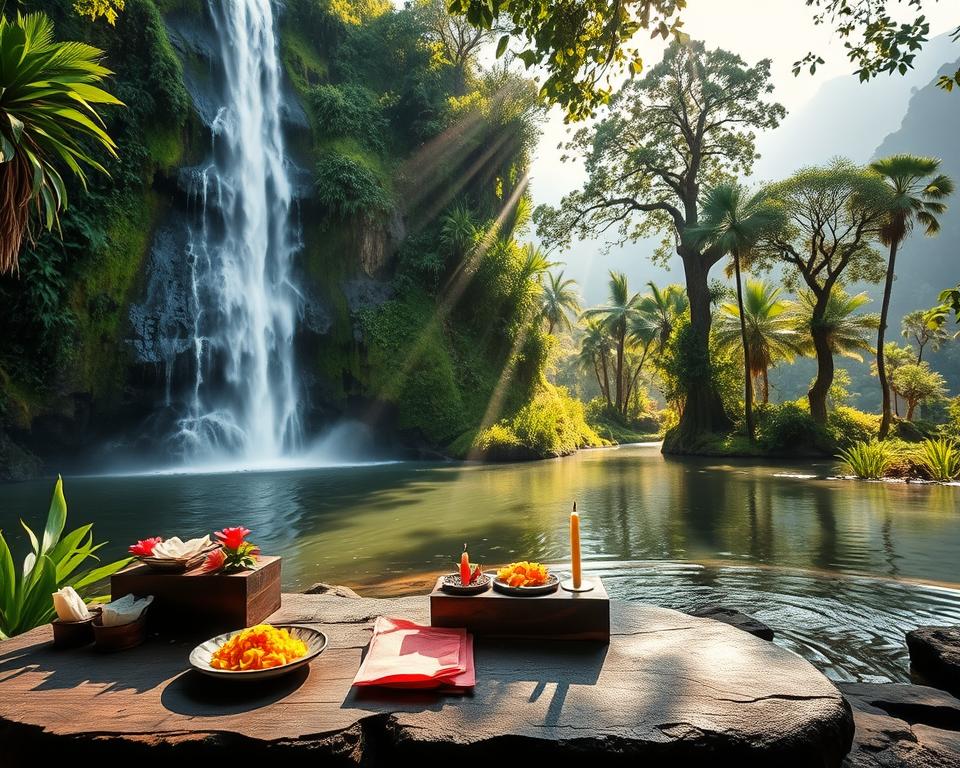 A breathtaking Balinese waterfall cascading down lush green cliffs, surrounded by vibrant tropical flora. In the foreground, sacred offerings of flowers and incense are arranged on a stone altar, symbolizing the spiritual connection of the Balinese people to nature. The middle ground features a serene pond reflecting the waterfall, with gentle ripples enhancing the tranquility. Sunlight filters through the dense canopy overhead, creating dappled patterns on the water's surface. The background showcases towering trees and the distant mountains, shrouded in mist, evoking a sense of mystery and reverence. The overall mood is peaceful and spiritual, inviting viewers to appreciate the divine beauty of Bali's cultural landscape. The scene is captured with a soft focus lens, emphasizing the ethereal quality of light and nature. A breathtaking Balinese waterfall cascading down lush green cliffs, surrounded by vibrant tropical flora. In the foreground, sacred offerings of flowers and incense are arranged on a stone altar, symbolizing the spiritual connection of the Balinese people to nature. The middle ground features a serene pond reflecting the waterfall, with gentle ripples enhancing the tranquility. Sunlight filters through the dense canopy overhead, creating dappled patterns on the water's surface. The background showcases towering trees and the distant mountains, shrouded in mist, evoking a sense of mystery and reverence. The overall mood is peaceful and spiritual, inviting viewers to appreciate the divine beauty of Bali's cultural landscape. The scene is captured with a soft focus lens, emphasizing the ethereal quality of light and nature.
