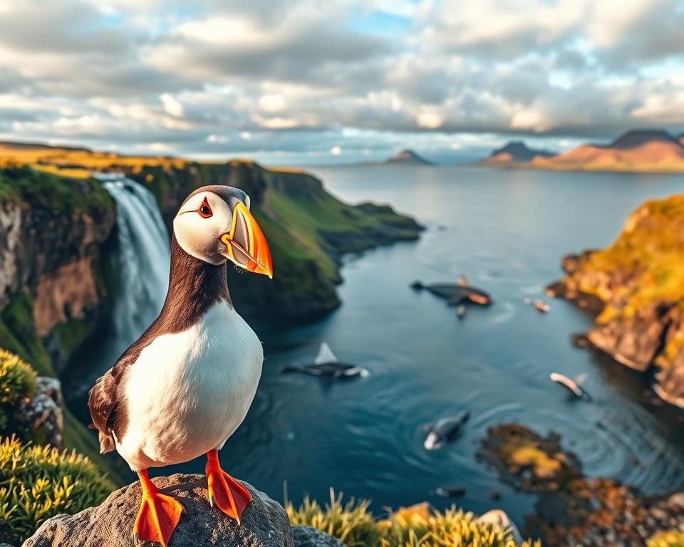 A breathtaking Icelandic landscape featuring a majestic waterfall cascading into a serene pool, surrounded by lush green vegetation and rocky cliffs. In the foreground, a close-up of a playful puffin stands on a rocky ledge, showcasing its colorful beak and inquisitive expression. The middle ground reveals a pod of whales breaching in the blue ocean, adding a sense of movement and life to the scene. In the background, distant volcanic mountains rise under a softly lit sky, with dramatic clouds creating a dynamic atmosphere. The scene is bathed in warm, golden sunlight, providing a tranquil yet vibrant ambiance. The viewpoint is slightly elevated, capturing a panoramic view of this natural wonderland, inviting viewers to experience the island's diverse wildlife and stunning landscapes.