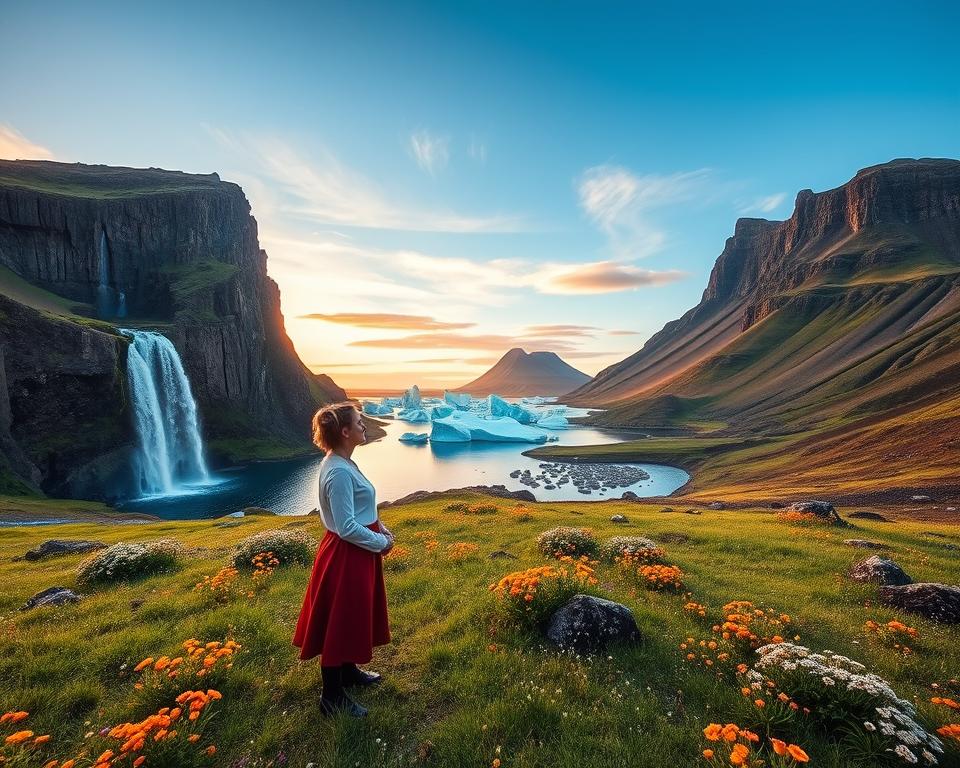 A breathtaking Icelandic landscape featuring extraordinary wedding travel destinations for couples seeking unique experiences. In the foreground, a couple in modest casual clothing gazes lovingly at each other, surrounded by vibrant wildflowers on a lush green plain. The middle ground showcases a stunning waterfall cascading down rugged cliffs, framed by dramatic basalt columns. Glacial icebergs float in a serene lagoon, reflecting soft pastel sunset hues in the water. In the background, towering volcanoes rise under a clear blue sky, dotted with wispy clouds. The scene is illuminated by warm, golden hour lighting, creating a romantic and captivating atmosphere. Capture this enchanting moment with a wide-angle lens, emphasizing both the couple's intimacy and the vast, untouched beauty of Iceland.