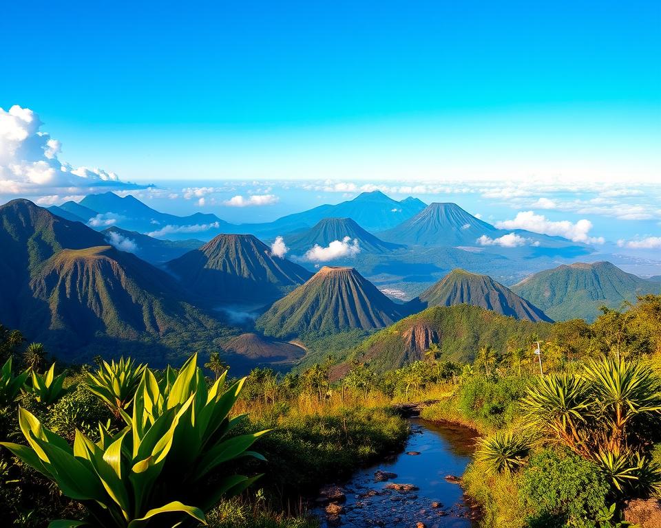 A breathtaking Indonesian volcanic landscape featuring several active volcanoes layered in the distance. In the foreground, lush greenery with tropical plants and a clear stream reflecting the sky. The middle ground showcases majestic volcanoes with distinct shapes and peaks, varying in textures from rocky cliffs to soft, rolling slopes covered in dense vegetation. The background fades into a bright azure sky with fluffy white clouds, creating a sense of depth. Soft, warm lighting enhances the scene, emphasizing the rich colors of the landscape, creating an inviting yet powerful atmosphere. A slight mist adds a mystical touch, suggesting the geothermal activity of the region. The image captures the stunning diversity and natural beauty of Indonesia's volcanic landscapes. A breathtaking Indonesian volcanic landscape featuring several active volcanoes layered in the distance. In the foreground, lush greenery with tropical plants and a clear stream reflecting the sky. The middle ground showcases majestic volcanoes with distinct shapes and peaks, varying in textures from rocky cliffs to soft, rolling slopes covered in dense vegetation. The background fades into a bright azure sky with fluffy white clouds, creating a sense of depth. Soft, warm lighting enhances the scene, emphasizing the rich colors of the landscape, creating an inviting yet powerful atmosphere. A slight mist adds a mystical touch, suggesting the geothermal activity of the region. The image captures the stunning diversity and natural beauty of Indonesia's volcanic landscapes.