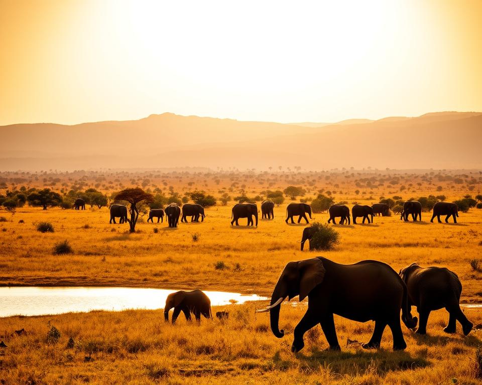 A breathtaking South Tanzanian safari landscape showcasing the untamed wilderness of Ruaha and Nyerere National Parks. In the foreground, a majestic group of elephants strolls near a shimmering watering hole, their silhouettes reflecting in the water. The middle ground features a vibrant savannah dotted with acacia trees under a vast, azure sky, with the golden grasses swaying gently in the breeze. In the background, rolling hills are painted in hues of green and brown, hinting at the rugged beauty of untamed nature. The scene is bathed in warm, golden light of the setting sun, casting soft shadows and enhancing the mood of tranquility and adventure. Capture the essence of wildlife and natural beauty in this pristine landscape.