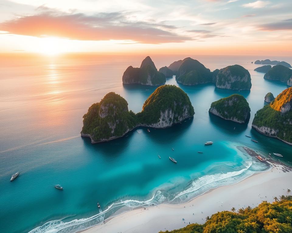 A breathtaking aerial view of El Nido, Palawan, showcasing the stunning natural beauty of the region. In the foreground, lush tropical greenery lines the pristine white sandy beaches, while gentle waves lap at the shore. The middle ground features dramatic limestone cliffs rising majestically from crystal-clear turquoise waters, dotted with small, colorful fishing boats. In the background, the sun begins to set, painting the sky in warm hues of orange and pink, reflecting off the tranquil sea. The scene is illuminated with soft, golden hour lighting, enhancing the vibrant colors and creating a serene and inviting atmosphere. Capture this picturesque landscape with a wide-angle lens to emphasize the grandeur of El Nido's unique topography.