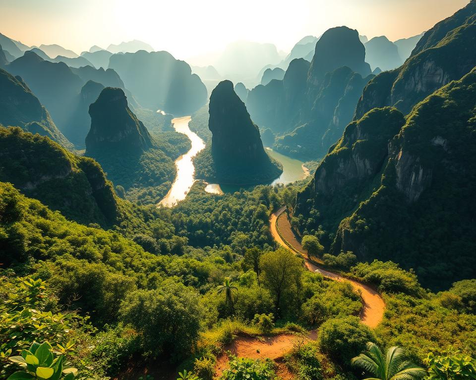 A breathtaking aerial view of Phong Nha-Ke Bang National Park, Vietnam, showcasing the lush green mountains and winding rivers that define the landscape. In the foreground, a vibrant hiking trail leads into the dense jungle, with diverse flora and fauna, hinting at adventure. In the middle ground, a tranquil river meanders through limestone karsts, reflecting the sunlight in sparkling ripples. The background features towering cliffs shrouded in mist, offering a sense of mystery and exploration. The scene is bathed in warm, golden sunlight, creating a serene and inviting atmosphere. The image should be captured from a high-angle view, emphasizing the scale of the natural beauty, while maintaining a sense of tranquility and adventure that resonates with potential travelers. No text or captions included.