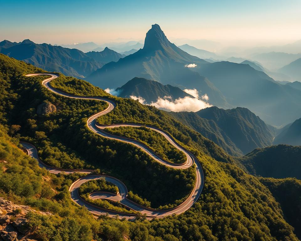 A breathtaking aerial view of Tianmen Mountain Road's famous 99 curves, depicting a winding ascent through lush green mountains. The foreground showcases the serpentine road, with sharp turns and dramatic elevations, lined by vibrant flora. In the middle ground, a few cloud-kissed peaks can be seen below, providing depth and perspective, while the background features the majestic Tianmen Mountain, rising majestically against a clear blue sky. The scene is illuminated by soft, warm sunlight, creating an inviting atmosphere, with shadows enhancing the road's curves. The perspective is slightly tilted to emphasize the road's winding nature, capturing the spirit of adventure and the stunning natural beauty of this iconic location.