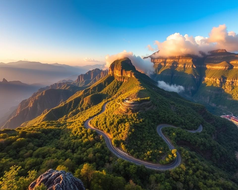 A breathtaking aerial view of the "99 Curves of Tianmen Mountain" road, showcasing the dramatic serpentine twists of the curvy highway. In the foreground, lush green forests and rocky outcrops frame the road, emphasizing its winding nature. In the middle of the scene, the serpentine road winds sharply, revealing the intricate patterns as it ascends toward the majestic Tianmen Mountain peak, partially shrouded in mist for a mystical allure. The background features towering mountain ranges under a clear blue sky, with soft, fluffy clouds casting gentle shadows on the landscape. The lighting is warm and golden, suggesting either dawn or sunset, enhancing the overall sense of adventure and magnificence. The mood conveys awe and wonder, inviting viewers to experience the enchanting beauty of nature's engineering marvel.