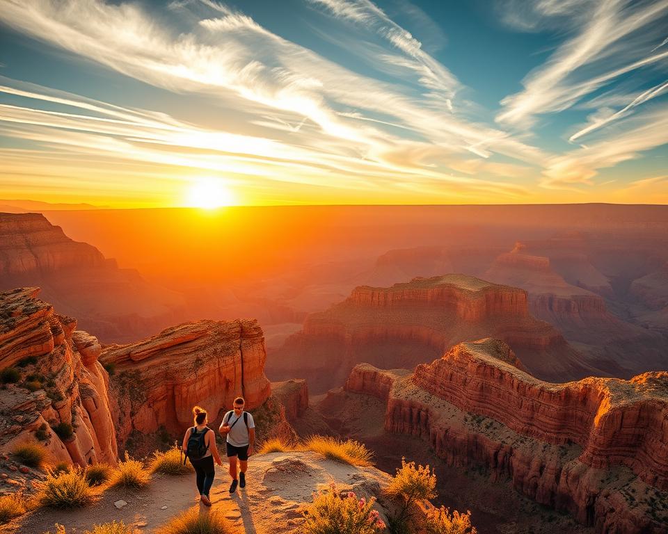 A breathtaking aerial view of the Grand Canyon during a golden sunset, highlighting its vast, rugged terrain. In the foreground, a group of environmentally conscious travelers in modest casual clothing is seen hiking along a well-marked trail, admiring the stunning natural formations. The middle of the image features the deep, layered canyons with vibrant red and orange hues reflecting the warm light, surrounded by patches of greenery and blooming wildflowers. The background showcases the expansive, dramatic skyline with wispy clouds streaking across the sky. Soft, warm lighting enhances the serene atmosphere, evoking a sense of adventure and respect for nature. The image captures the essence of sustainable travel, inviting viewers to explore while protecting the environment.