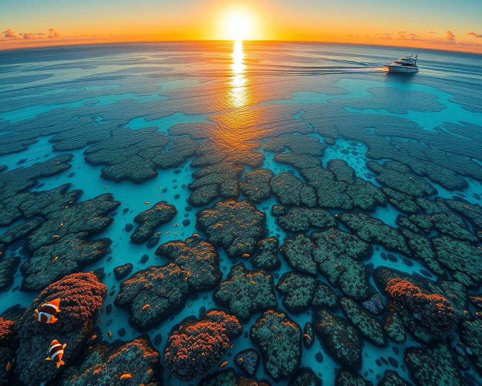 A breathtaking aerial view of the Great Barrier Reef in Queensland, showcasing its vibrant coral formations and crystal-clear turquoise waters. In the foreground, colorful marine life like clownfish and sea turtles swim among the corals, vividly contrasting against the coral's textures. The middle ground features expansive sections of the reef, with intricate patterns of coral and seagrass beds. In the background, the sun is setting on the horizon, casting warm golden light that enhances the serene atmosphere, while gentle waves ripple from a nearby boat. The scene is captured from a slightly elevated angle, highlighting the geographical diversity of the reef. This tranquil yet vibrant depiction embodies the natural beauty and ecological richness of the Great Barrier Reef.
