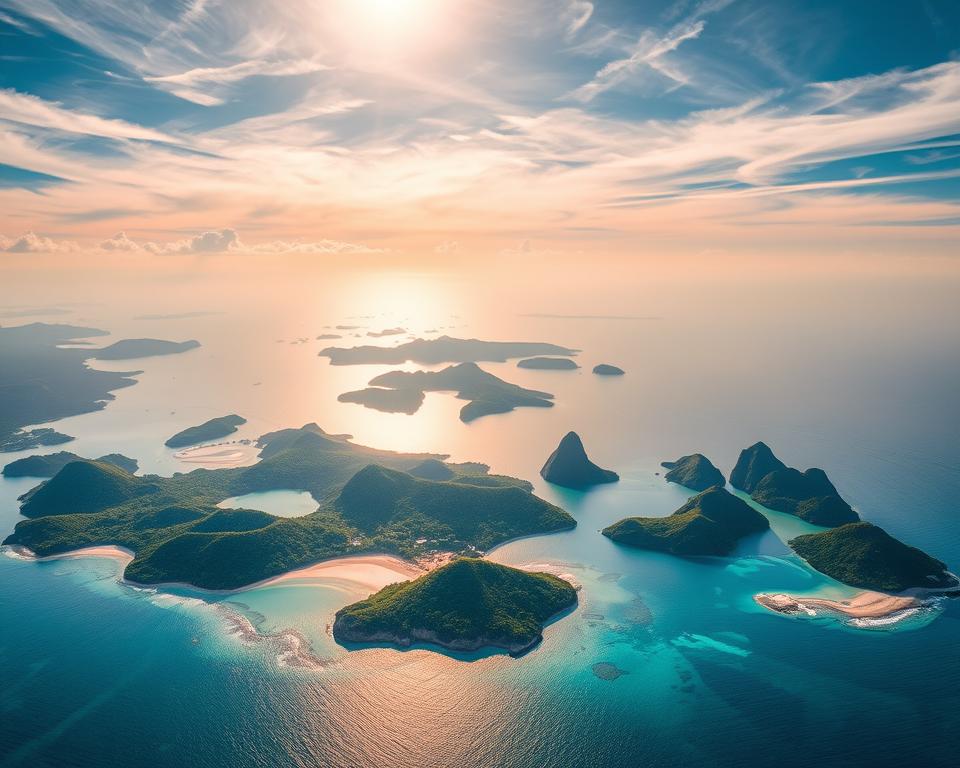 A breathtaking aerial view of the Indonesian islands, showcasing the lush greenery and diverse landscapes. In the foreground, several vibrant tropical islands, with white sandy beaches and crystalline turquoise waters, set against an inviting sunlit sky. The middle ground reveals several distinct island groups, each with unique topographies, such as steep cliffs, volcanic mountains, and dense rainforests. In the background, a sprawling ocean stretches to the horizon, with gentle waves reflecting the warm golden light of the setting sun. The atmosphere is serene and inviting, evoking a sense of exploration and tranquility, perfect for illustrating the beauty and richness of Indonesia's islands. Use soft, natural lighting for a warm, inviting feel.