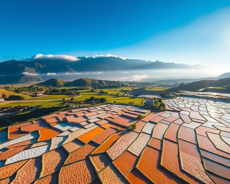 A breathtaking aerial view of the Maras Salzterrassen, showcasing the cascading salt terraces that reflect hues of amber and white under a bright blue sky. In the foreground, neatly arranged rectangular salt pools glisten in the sunlight, their vivid textures creating intricate patterns. The middle ground features lush green agricultural fields surrounding the terraces, dotted with quaint traditional homes. In the background, the majestic Andes mountains rise, draped in a soft mist, enhancing the natural beauty of the scene. The late afternoon light casts a warm glow, creating a serene atmosphere that evokes a sense of tranquility and historical richness. Capture this landscape from a slightly elevated angle to emphasize the vastness of the terraces and their cultural significance.