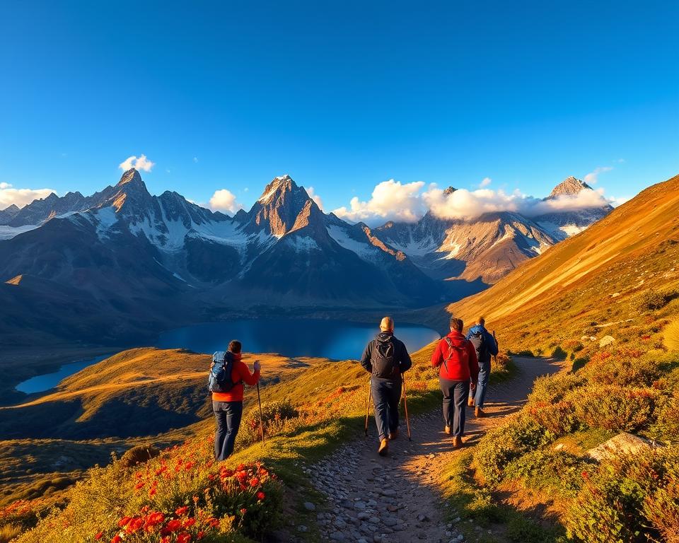 A breathtaking alpine landscape showcasing the Andean mountains during the golden hour, with dramatic peaks rising against a clear blue sky. In the foreground, a winding trekking path leads into the distance, flanked by vibrant wildflowers and lush green vegetation. A group of adventurous travelers in modest outdoor attire, equipped with trekking poles, are captured mid-step, gazing in awe at the majestic vistas around them. The middle ground features a serene lake reflecting the mountains, adding depth to the scene. The background is dominated by rugged, snow-capped peaks bathed in warm sunlight, while soft clouds drift lazily above, creating a sense of tranquility and adventure. The overall mood is one of exploration and connection with nature, inviting viewers to imagine their own trekking experience in this stunning location.