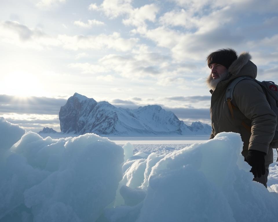 A breathtaking arctic landscape depicting the harsh yet stunning environment of the Klondike Gold Rush. In the foreground, rugged ice formations glisten with frost under the low, soft light of a pale winter sun, casting elongated shadows. To the side, a weary adventurer in sturdy winter gear, face wind-battered but resolute, struggles against the biting wind, their breath visible in the frigid air. The middle ground showcases a jagged ridge of snow-covered mountains, their peaks shrouded in swirling snow flurries, hinting at the unforgiving weather conditions. The background features an expansive icy expanse stretching towards a pale blue sky, filled with scattered, ominous gray clouds. The overall mood is one of perseverance and adventure amid nature's harsh beauty, capturing the essence of exploring the arctic wilderness.