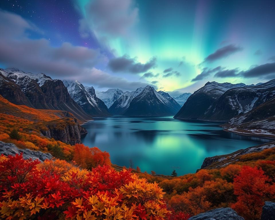 A breathtaking autumn scene on the Lofoten Islands, showcasing vibrant fall colors in the foreground with a stunning display of red, orange, and yellow foliage on rocky landscapes. In the middle ground, a tranquil fjord reflects the colors of the sky, cradled by rugged mountains dusted with the early winter's first snow. In the background, a mesmerizing aurora borealis dances across a starry night sky, casting ethereal greens and purples that illuminate the clouds. The scene is bathed in soft, cool moonlight, creating a serene yet magical atmosphere. The composition is shot from a slightly elevated angle to capture the full expanse of this enchanting landscape, conveying the allure of autumn in the Lofoten Islands, perfect for travel enthusiasts.