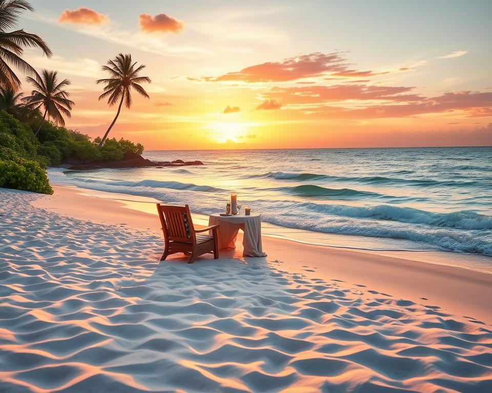 A breathtaking beach scene that captures idyllic strand destinations for honeymooners. In the foreground, soft white sands glisten under the warm golden sunlight, with a pair of elegantly arranged beach chairs and a small table holding a romantic candlelit dinner setup. The middle ground features gentle waves lapping at the shore, framed by lush greenery and palm trees swaying slightly in a gentle breeze. In the background, the horizon showcases a vibrant sunset with hues of orange, pink, and purple blending beautifully in the sky. The atmosphere is serene and romantic, evoking feelings of tranquility and love. The lighting is soft and warm, enhancing the dreamy ambiance of a perfect getaway for newlyweds. The image should be captured with a wide-angle lens to emphasize the beauty of the beachscape, focusing on the intimate details of the setup.