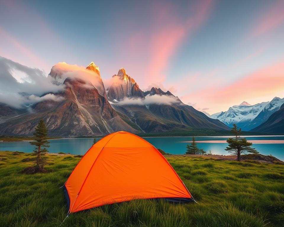 A breathtaking camping scene at Torres del Paine National Park, showcasing a vibrant tent set in the foreground surrounded by lush green grass. The tent is bright orange, contrasted against the backdrop of towering granite peaks in the middle ground, partially shrouded in wispy clouds. In the background, a crystalline blue lake reflects the colorful mountains and the golden hues of the setting sun, casting a warm glow across the landscape. The sky is painted with shades of pink and orange, creating a tranquil yet awe-inspiring atmosphere. The scene captures the essence of outdoor adventure, with a few pine trees dotting the landscape. The composition should be wide-angle, capturing the grandeur of the national park, with soft, natural lighting emphasizing the beauty of the wilderness.