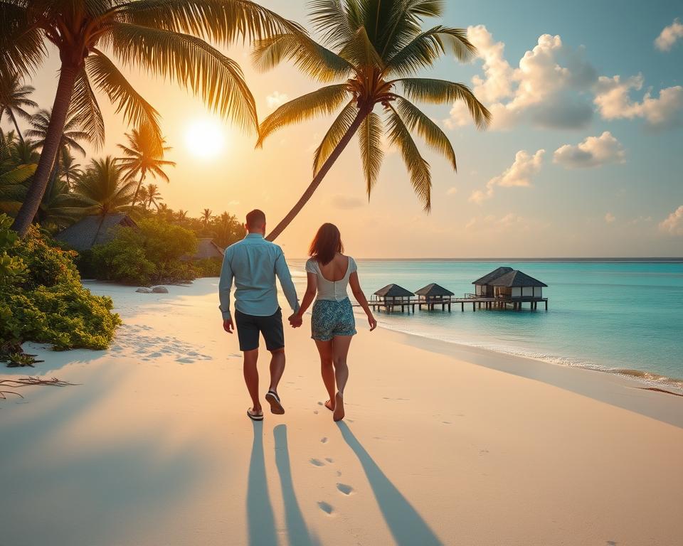 A breathtaking, exotic island scene perfect for a romantic honeymoon setting. In the foreground, a couple in modest, stylish casual clothing walks hand in hand along a pristine, white-sand beach, their footprints trailing behind them. Surrounding them, vibrant tropical foliage with palm trees swaying gently in the warm breeze. In the middle ground, glimpses of luxurious beachfront bungalows with thatched roofs, complementing the idyllic atmosphere. The background features a clear turquoise lagoon merging with the horizon, where the sun sets, casting a warm golden glow across the sky, creating a dreamy, tranquil mood. Soft, diffuse lighting encapsulates the scene, enhancing the romantic ambiance, and inviting couples to imagine their perfect getaway.