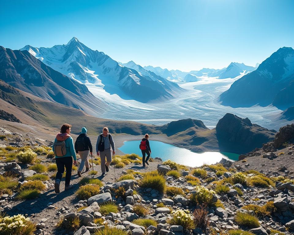A breathtaking high-altitude landscape in the South American Andes, showcasing a pristine mountain environment. In the foreground, a small group of diverse, eco-conscious hikers dressed in modest, professional outdoor attire, carefully navigating a rocky path adorned with delicate wildflowers. In the middle ground, a shimmering glacial lake reflects the majestic peaks, with hints of green vegetation and rugged rock formations surrounding it. The background features towering snow-capped mountains under a clear blue sky. Soft, golden sunlight illuminates the scene, casting gentle shadows and creating a serene yet vibrant atmosphere. The overall mood is one of harmony with nature, emphasizing sustainability and respect for the environment, with no human-made elements or distractions in sight.