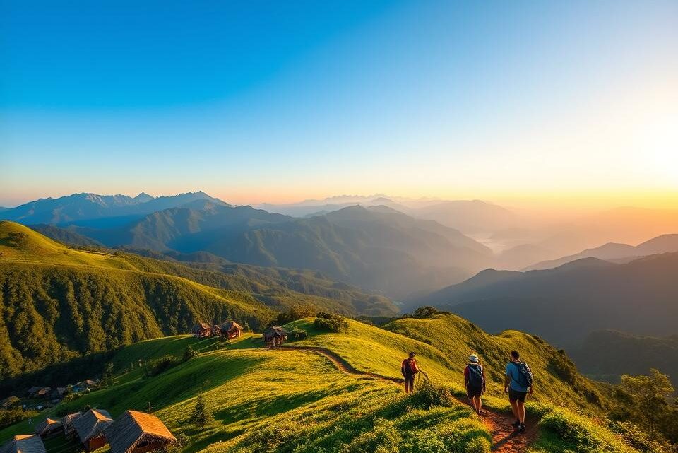 A breathtaking highland landscape of Papua New Guinea at sunrise, showcasing lush green mountains and rolling hills in the foreground, dotted with quaint traditional villages with thatched-roof huts. In the middle ground, a winding trekking path leads towards a distant range, where towering peaks rise dramatically under a clear blue sky. The vibrant colors of the flora are illuminated by the soft, golden light of dawn, creating a serene and inviting atmosphere. Include hikers dressed in modest casual clothing, exploring the trails, embodying the spirit of adventure. The image captures the essence of rural life and the natural beauty of this remote region, evoking a sense of wonder and exploration. Use a wide-angle perspective to emphasize the vastness of the landscape.