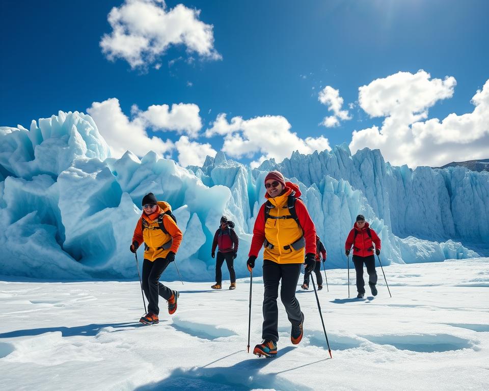 A breathtaking image of a minitrekking expedition on the Perito Moreno Glacier in Argentina. In the foreground, a group of hikers wearing warm, colorful outdoor clothing and crampons carefully navigate the icy surface, with their expressions reflecting a mix of awe and excitement. The middle ground features stunning ice formations, glistening blue crevasses, and intricate ice patterns, showcasing the glacier's unique textures. In the background, the towering ice wall of the Perito Moreno Glacier contrasts with the vivid blue sky dotted with fluffy white clouds. The lighting is bright and clear, casting soft shadows that enhance the details of the ice. The overall mood is adventurous and inspiring, inviting viewers to experience the beauty and adventure of ice trekking. The angle captures both the hikers and the expansive glacier landscape, emphasizing the grandeur of nature.