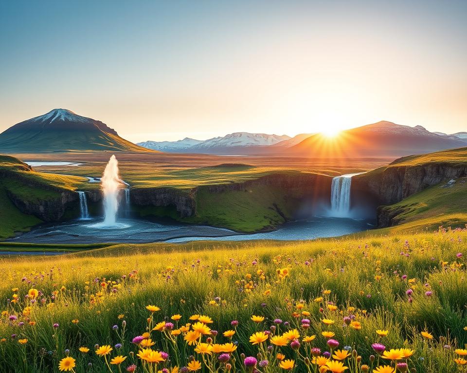 A breathtaking landscape capturing the essence of the Golden Circle in Iceland during the optimal travel season. In the foreground, a vibrant field of wildflowers in bright yellows and purples sways gently against a backdrop of lush green hills. The middle ground features iconic landmarks like the Geysir geothermal area, where a geyser erupts dramatically against a clear blue sky. Majestic waterfalls cascade down rocky cliffs, glistening in the golden hour light. In the background, snow-capped mountains rise majestically under a soft, pastel sunset. The atmosphere is serene and inviting, with warm sunlight illuminating the entire scene, creating a sense of adventure and exploration. The image should evoke a feeling of tranquility and inspire wanderlust, perfect for showcasing the beauty of Iceland's Golden Circle in its prime travel season.