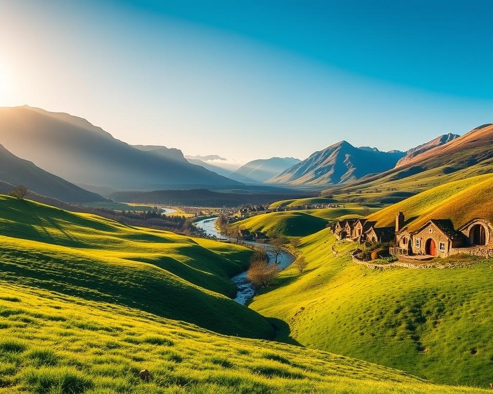 A breathtaking landscape featuring iconic filming locations from "The Lord of the Rings," with lush green hills reminiscent of the Shire in the foreground. In the middle, showcase a tranquil river winding through a picturesque valley, framed by majestic mountains under a bright blue sky. Add a hint of Hobbiton’s iconic round doors in the distance, blending harmoniously into the scenery. The lighting should be warm and inviting, evoking a late afternoon glow. Use a wide-angle lens to capture the expanse of nature and create depth, with soft, diffused shadows. The mood should be serene and adventurous, inspiring viewers to envision their own photographic journey through this fantastical world, filled with vibrant colors and natural beauty.