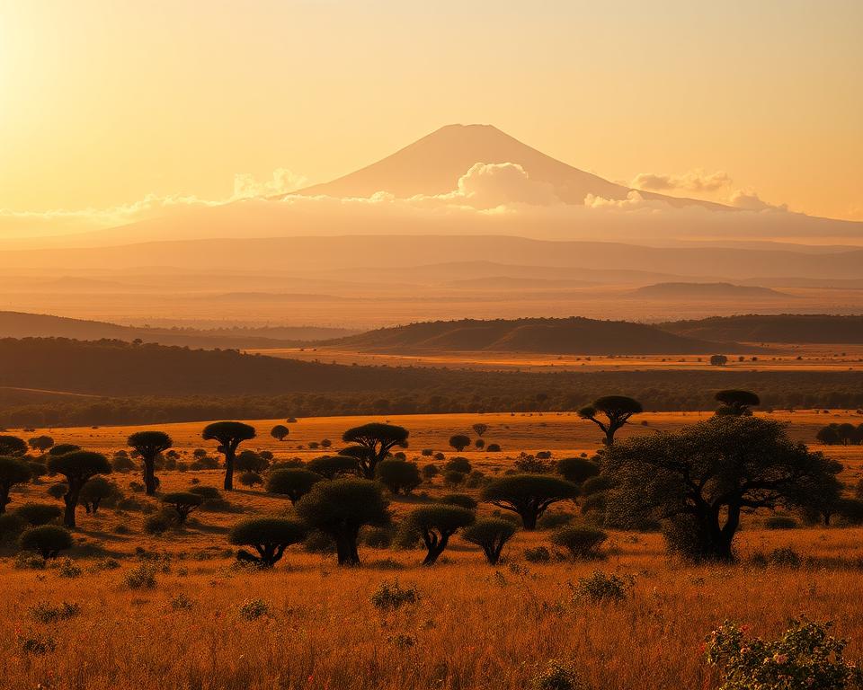 A breathtaking landscape in Tanzania during golden hour, showcasing the stunning interplay of light and shadow. In the foreground, a vast expanse of savannah dotted with acacia trees, their silhouettes gently illuminated by the warm sunlight. The middle ground features rolling hills and a vibrant carpet of wildflowers, capturing the essence of the region's diverse flora. The distant background exhibits majestic Mount Kilimanjaro, cloaked in soft clouds, with its peak glistening in the evening light. The atmosphere is serene and tranquil, evoking a sense of adventure and exploration. The scene should feel immersive, as if inviting the viewer to experience the magic of Tanzania's landscapes at this optimal photographic moment.