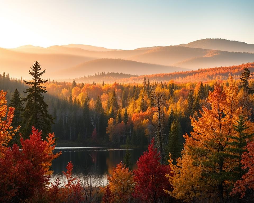 A breathtaking landscape of Algonquin Provincial Park capturing its serene beauty during autumn. In the foreground, vibrant fall foliage in orange, red, and yellow hues contrasts with a tranquil, reflective lake. The middle ground features a dense forest of tall pine and birch trees, casting soft shadows on the water's surface. In the background, rolling hills gently rise, shrouded in a misty haze, with the early morning sun breaking through to illuminate the scene, creating a warm golden light. The atmosphere exudes tranquility and wonder, inviting viewers to immerse themselves in nature's splendor. The image should be captured with a wide-angle lens to encapsulate the grandeur of the landscape, emphasizing depth and perspective.