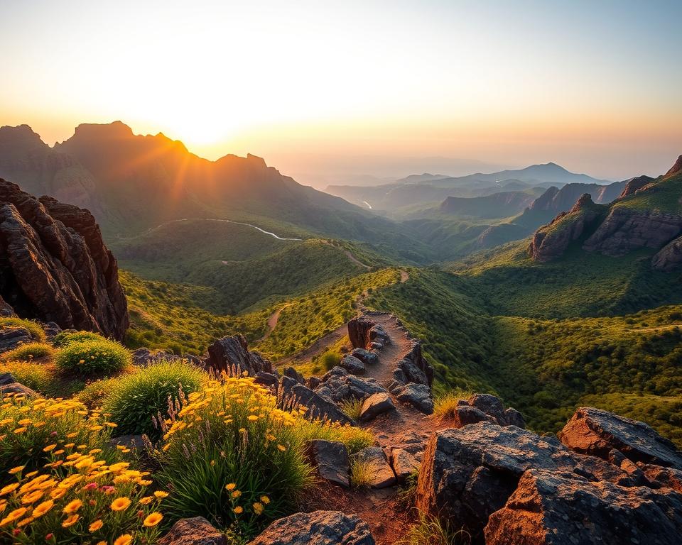 A breathtaking landscape of Anaga Mountains in Tenerife, showcasing dramatic cliffs and lush green valleys. In the foreground, vibrant wildflowers and rocky outcrops, leading to a panoramic viewpoint. The middle ground features a winding trail meandering through dense forests of ancient laurel trees, creating a sense of adventure. The sun is setting, casting a warm golden glow across the scene, highlighting the dramatic textures of the cliffs. In the background, the silhouette of distant peaks fades into a soft, misty horizon, evoking tranquility. Use a wide-angle lens perspective to capture the vastness, with soft, diffused lighting to enhance the serene atmosphere. The mood is peaceful yet invigorating, inviting viewers to explore nature's beauty.