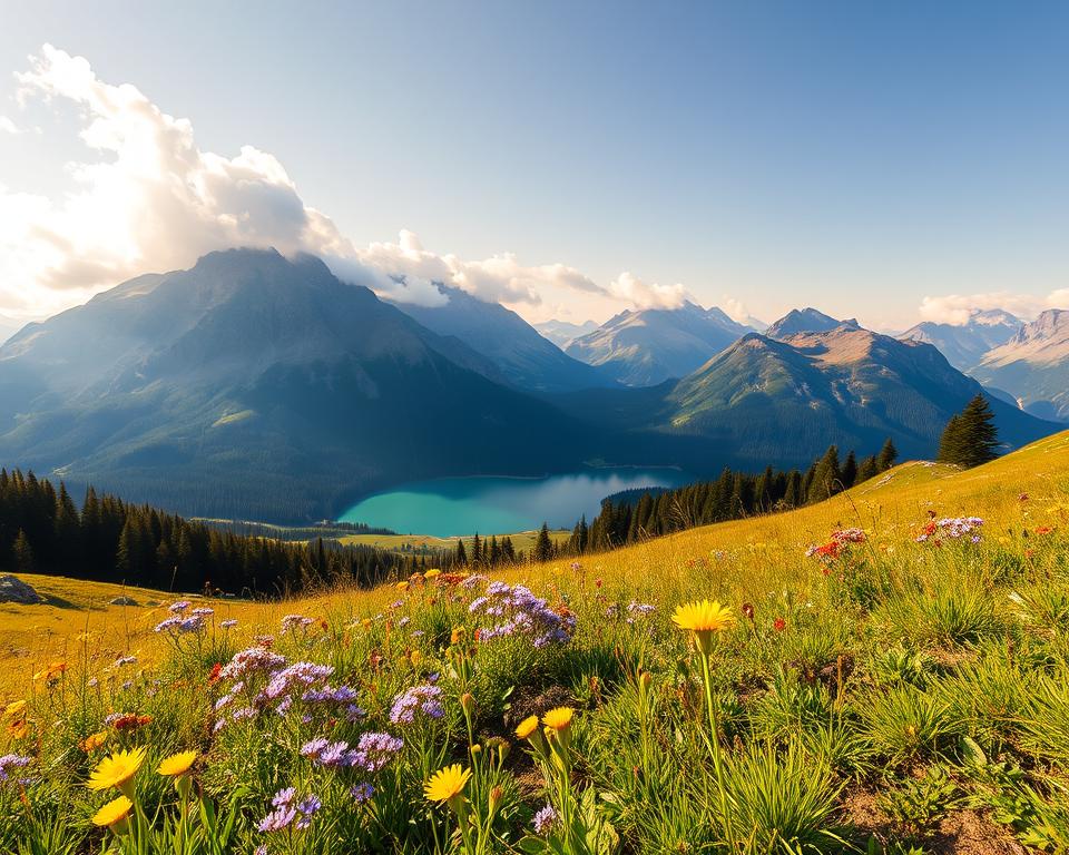 A breathtaking landscape of Durmitor National Park in Montenegro during peak travel season. In the foreground, vibrant wildflowers bloom, showcasing a spectrum of colors—yellows, blues, and purples—set against lush green grass. The middle ground features majestic mountains with rugged peaks, partially covered in soft white clouds, hinting at the cool breeze of early summer. Crystal-clear glacial lakes reflect the surrounding nature, adding a serene touch. In the background, towering pine forests blanket the hills, hinting at the diverse wildlife within. The scene is bathed in warm, golden sunlight, suggesting an inviting, pleasant atmosphere, ideal for nature exploration. Use a wide-angle lens to capture the expansive beauty, providing a sense of scale and wonder. The mood is tranquil and refreshing, evoking a sense of adventure in a pristine natural setting.