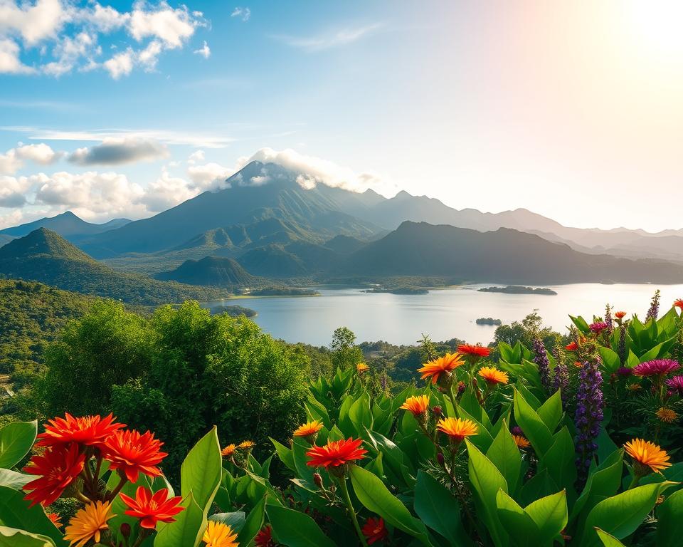 A breathtaking landscape of Flores Island, Indonesia, showcasing its stunning natural wonders. In the foreground, lush green tropical foliage and vibrant flowers in rich hues of red, yellow, and purple. The middle ground features dramatic volcanic mountains, with patches of cloud shadows creating depth. A tranquil lake reflects the surrounding peaks, capturing the serenity of the environment. In the background, a clear blue sky with a soft golden light hinting at the sunset enhances the overall beauty. The scene conveys a sense of wonder and peacefulness, inviting viewers to explore the vibrant nature of Flores Island. Use a wide-angle lens to capture the expansive view, with soft, natural lighting to highlight the rich colors and textures.