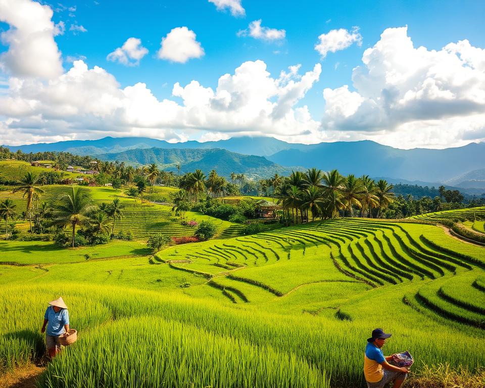 A breathtaking landscape of Jatiluwih in Bali, showcasing its famous rice terraces. In the foreground, lush green rice paddies, laborers in modest casual clothing tending to the fields, and winding paths amidst the verdant scenery. The middle ground features undulating hills, interspersed with tropical palm trees and vibrant flowers, echoing the rhythm of the land. In the background, majestic mountains under a bright blue sky dotted with fluffy white clouds, capturing the natural beauty of Bali. The scene is bathed in warm, golden sunlight, casting soft shadows and enhancing the serene atmosphere. The perspective is a slightly elevated view, conveying depth and inviting the viewer to explore this stunning trekking route through nature’s masterpiece.