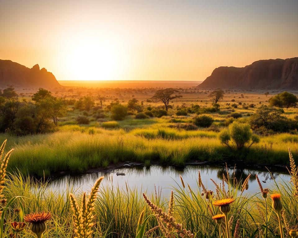 A breathtaking landscape of Kakadu National Park in Australia, showcasing its unique natural beauty. In the foreground, a serene billabong reflects the surrounding lush greenery, with tall grass and vibrant wildflowers framing the scene. The middle ground features distinct sandstone escarpments and clusters of eucalyptus trees, hinting at the diversity of local flora. In the background, a stunning sunrise casts warm golden hues across the sky, illuminating the vast, open savannah that stretches far into the distance. The atmosphere is peaceful and untouched, evoking a sense of wonder and adventure. Soft, diffused lighting enhances the tranquil mood, creating a picturesque tableau of one of Australia’s most celebrated natural landmarks.