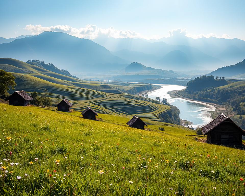 A breathtaking landscape of Nagaland during the ideal travel season, showcasing pristine nature under a clear blue sky. In the foreground, a lush green meadow dotted with wildflowers, leading the eye towards traditional Naga huts crafted from bamboo and thatch. In the mid-ground, gently rolling hills adorned with terraced fields create a sense of depth, while a crystal-clear river winds through the scene, glimmering in the sunlight. The background features majestic mountains, their peaks kissed by soft, wispy clouds. Soft, golden light of the early morning illuminates the entire landscape, casting gentle shadows and enhancing the vibrant colors. The atmosphere is serene and inviting, inviting viewers to explore the untouched beauty of Nagaland.