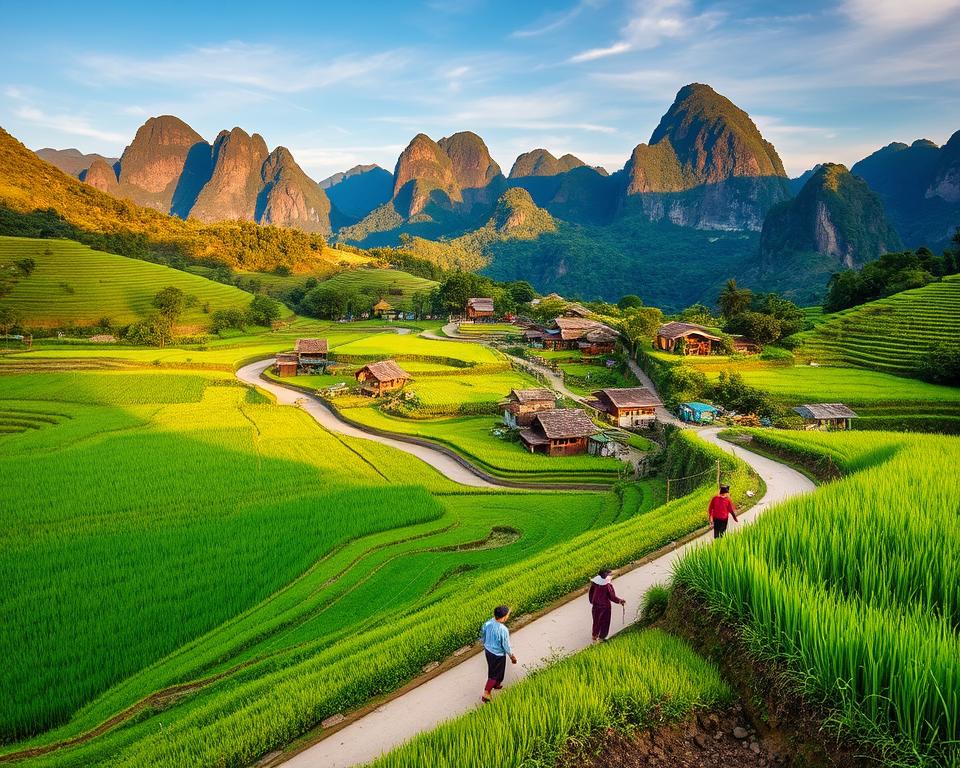A breathtaking landscape of Northern Vietnam, showcasing the idyllic route winding through verdant rice terraces, lush green hills, and dramatic limestone mountains. In the foreground, vibrant fields of rice transition into a winding trail where local farmers, dressed in modest, traditional attire, can be seen tending to their crops. The middle ground features quaint villages with wooden houses and colorful market stalls, bustling with life. In the background, towering karst formations rise majestically against a clear blue sky, bathed in the warm golden light of early morning. The atmosphere is serene and inviting, highlighting the natural beauty and cultural richness of Northern Vietnam, captured from a slightly elevated angle to emphasize the landscape's depth and character.