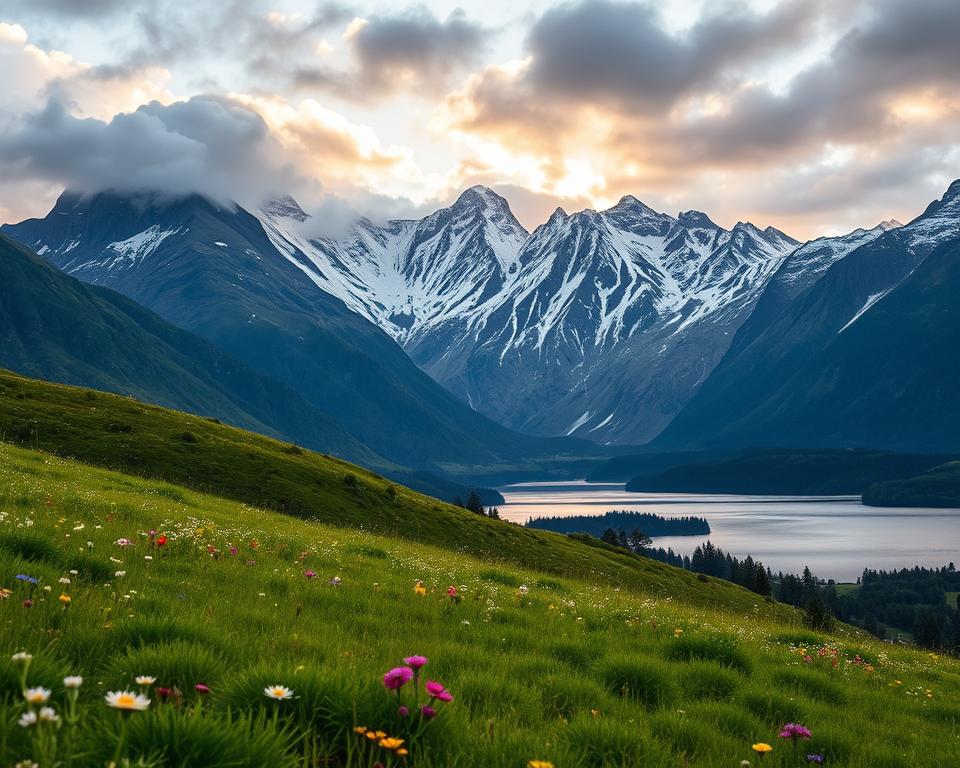 A breathtaking landscape of Queenstown and Glenorchy, showcasing the epic mountains that evoke the spirit of Isengard from "The Lord of the Rings." In the foreground, lush green hills dotted with wildflowers, drawing the eye into the scene. The middle ground features dramatic, towering peaks, their rugged faces glistening with a dusting of snow, framed by moody clouds. In the background, a serene lake reflects the mountain range, bathed in soft, natural lighting as the sun sets, casting a golden hue over the landscape. Capture the rich textures and vivid colors of this enchanting environment, invoking a sense of adventure and wonder, while maintaining a peaceful and mystical ambiance. The composition should be captured from a slightly elevated angle, giving a panoramic view of this magical setting.