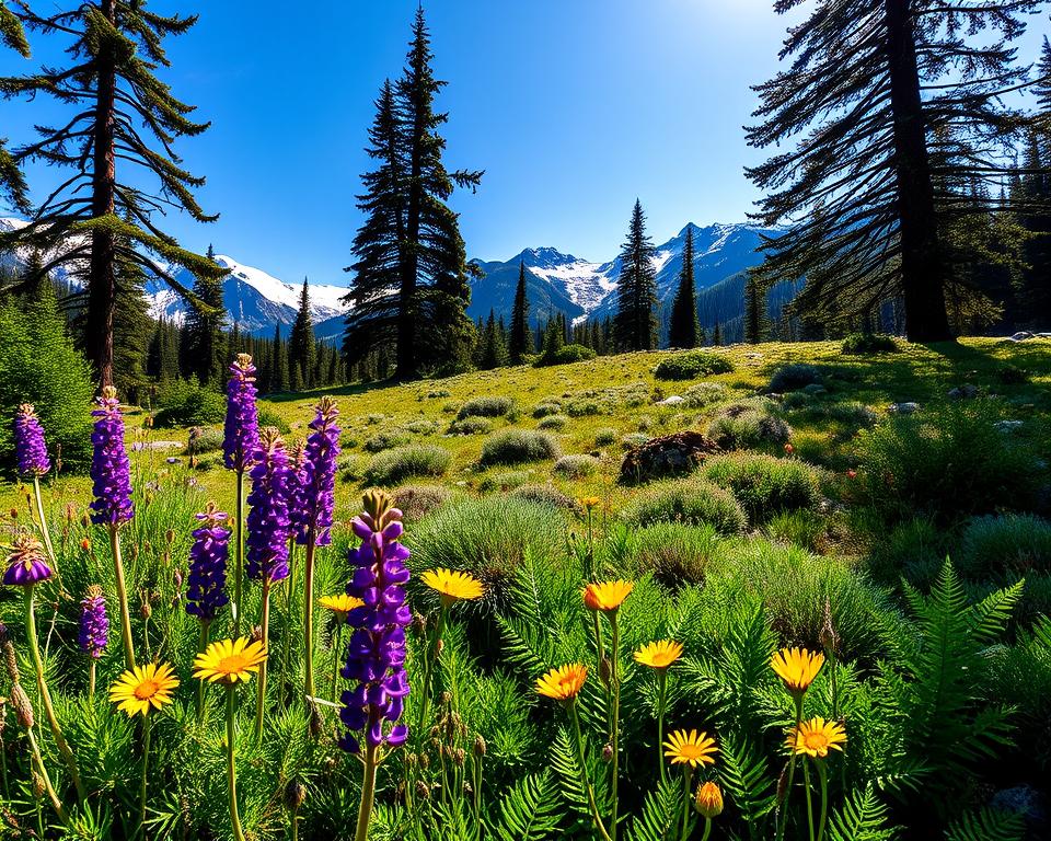 A breathtaking landscape of Revelstoke National Park, showcasing its rich flora and fauna. In the foreground, vibrant wildflowers in various colors, such as purple lupins and golden daisies, are interspersed among lush green ferns. The middle ground features a tranquil alpine meadow with a diverse array of shrubs, highlighting the ecological diversity of the park. Majestic conifer trees rise in the background against a stunning backdrop of towering snow-capped mountains under a bright blue sky. Soft sunlight filters through the tree branches, casting gentle shadows on the ground, creating a serene and inviting atmosphere. The scene is captured from a low angle, providing a sense of depth and immersion in this outdoor paradise, with the focus on the harmony of nature.